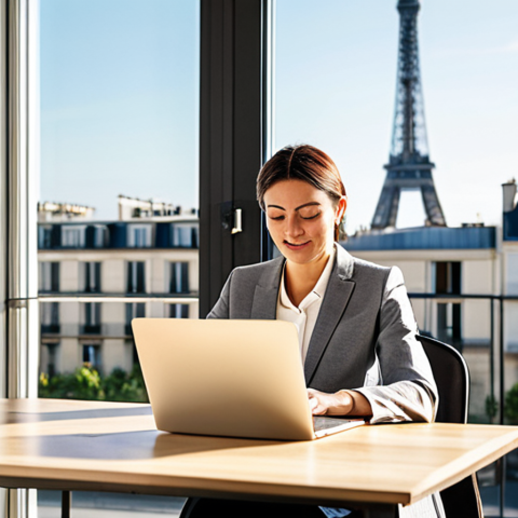 Professional Setting**
"A professional woman in her 30s, wearing a stylish yet modest business suit, working on a laptop in a bright, modern co-working space in Paris. Sunlight streams through a large window overlooking the Eiffel Tower. Safe for work, appropriate content, fully clothed, perfect anatomy, natural proportions, professional, family-friendly, high-resolution photography."
**
