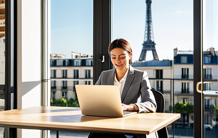 Professional Setting**
"A professional woman in her 30s, wearing a stylish yet modest business suit, working on a laptop in a bright, modern co-working space in Paris. Sunlight streams through a large window overlooking the Eiffel Tower. Safe for work, appropriate content, fully clothed, perfect anatomy, natural proportions, professional, family-friendly, high-resolution photography."
**