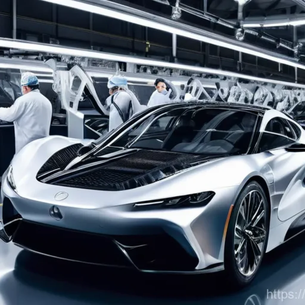 자동차 경량화 소재 개발자 - **Prompt:** "A highly detailed, futuristic automotive assembly line bustling with activity. In the f...