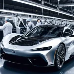 자동차 경량화 소재 개발자 - **Prompt:** "A highly detailed, futuristic automotive assembly line bustling with activity. In the f...