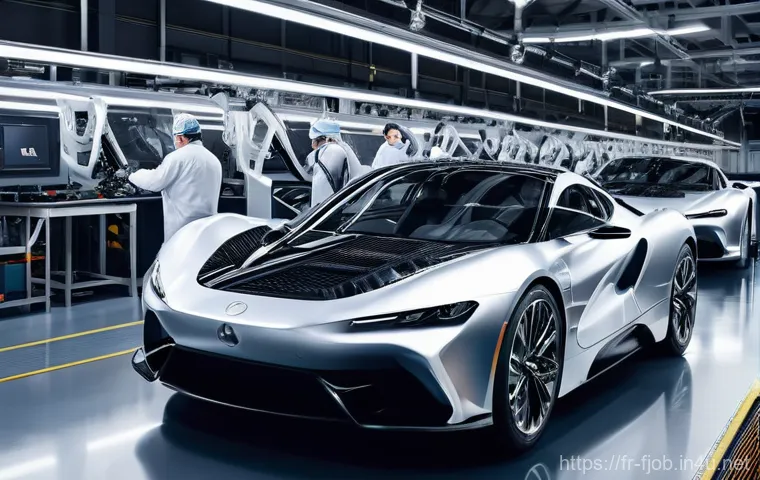 자동차 경량화 소재 개발자 - **Prompt:** "A highly detailed, futuristic automotive assembly line bustling with activity. In the f...